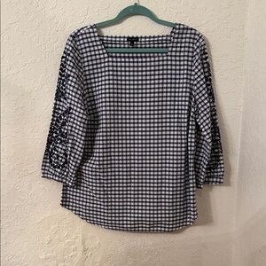 Talbots Navy and White Gingham Embroidered Sleeve Blouse